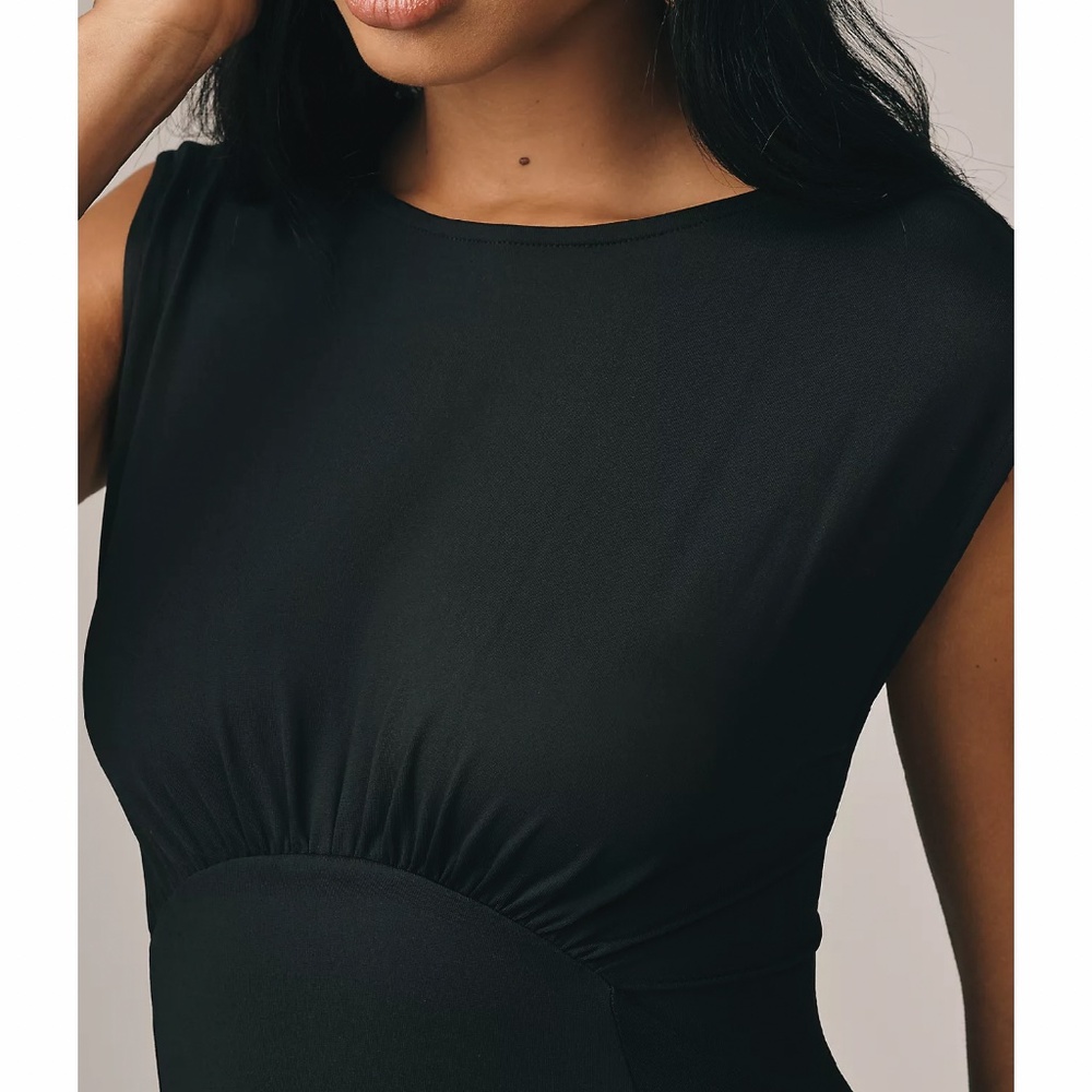 Maeve Women's XS Black Sleeveless Ruched Babydoll Midi Dress Pockets Feminine - Picture 10 of 10